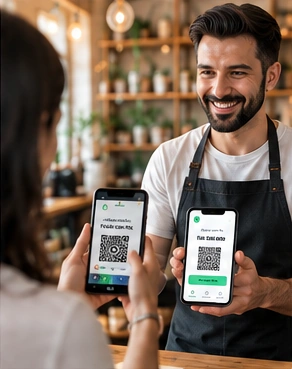 Comerciante e barista utilizando o App POS PactualPay